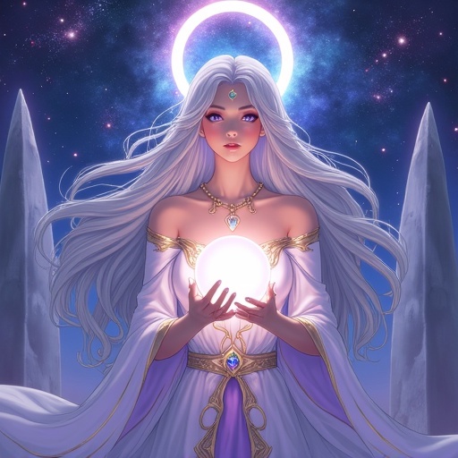 A celestial sorceress stands in serene power. Long silver hair cascades in moonlit waves. Violet eyes glow with cosmic wisdom. She is adorned in a flowing white and lavender robe embroidered with golden constellations. Translucent fabric billows like stardust. A glowing celestial ring pulses with arcane energy above her. Orbiting gemstones and shooting stars surround the ring. Ethereal nebula backdrop features royal purples and sapphire blues. Towering crystalline spires fade into cosmic mist. She cradles a luminous orb of captured starlight. Soft light casts delicate shadows on pale features. The art style is anime-meets-fantasy realism.