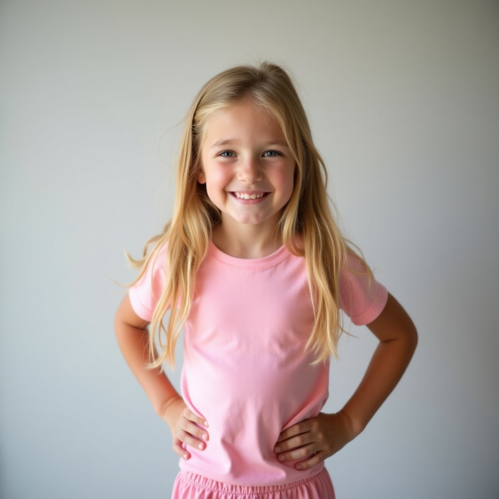 This image features a seven year old girl with long blonde hair wearing a pink t-shirt and a white diaper. The girl stands with one hand on her hip smiling. The background is gray. The lighting is soft and inviting. The pose conveys confidence.