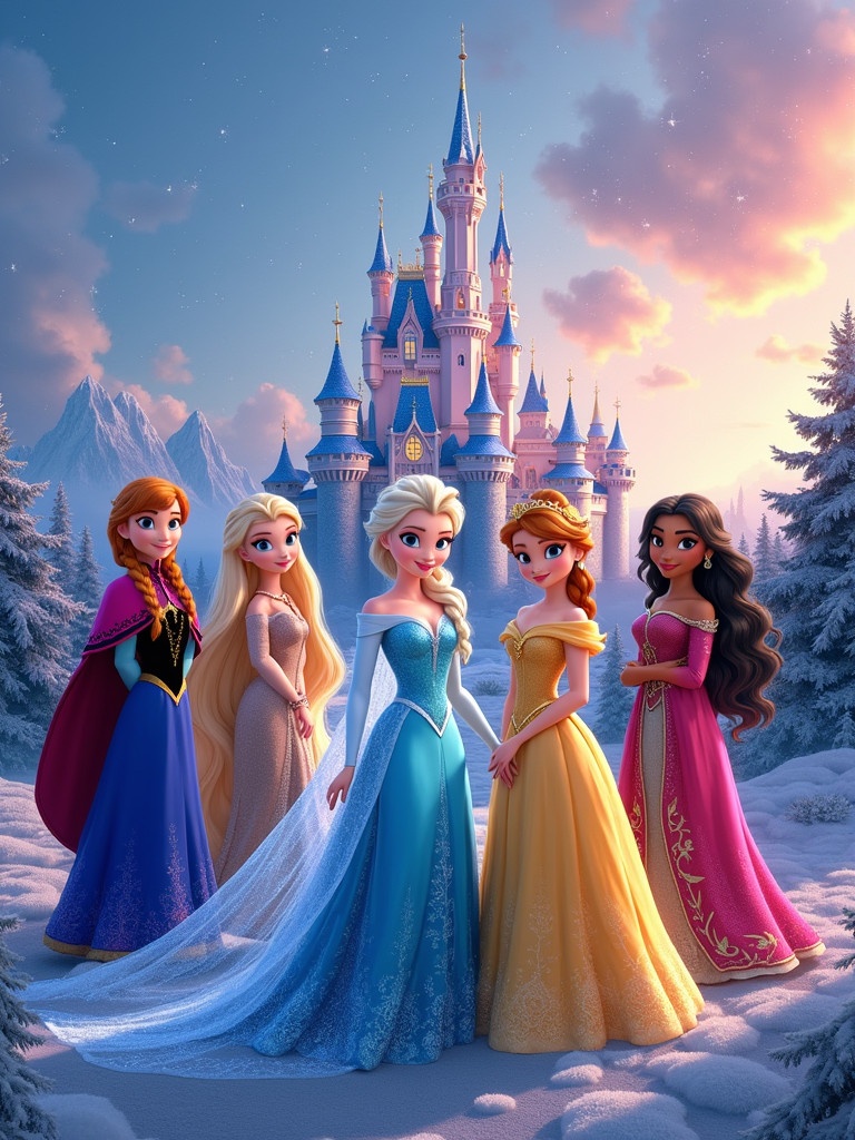 Image features Disney Princesses in a magical setting. The background has a dazzling Disney Castle with sparkles. Princesses wear colorful dresses and stand together. The scene evokes a fairytale atmosphere.