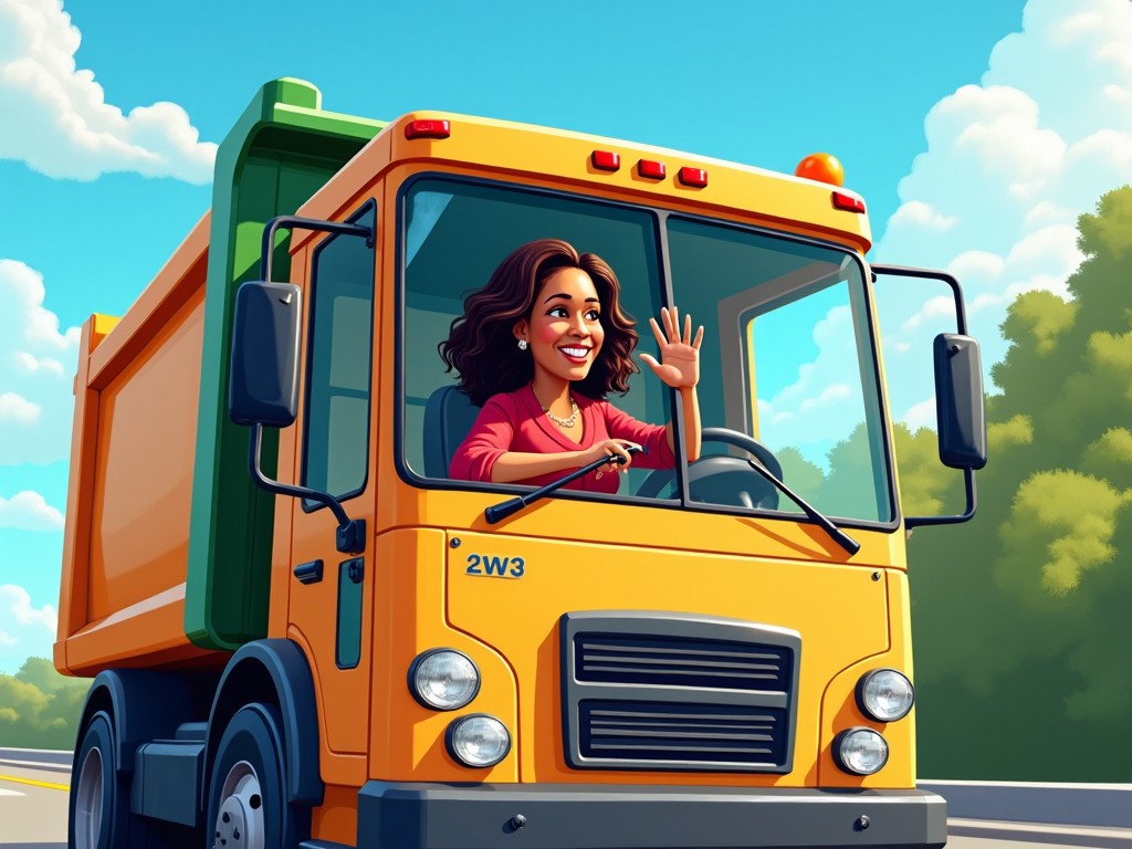 The image features a cheerful woman driving a brightly colored garbage truck. She is smiling and waving, creating a friendly and approachable vibe. The truck is a vibrant yellow with a green container, set against a picturesque background of blue skies and fluffy clouds. The focus is on her enthusiasm and pride in her work. This imagery represents themes of community service and environmental responsibility.