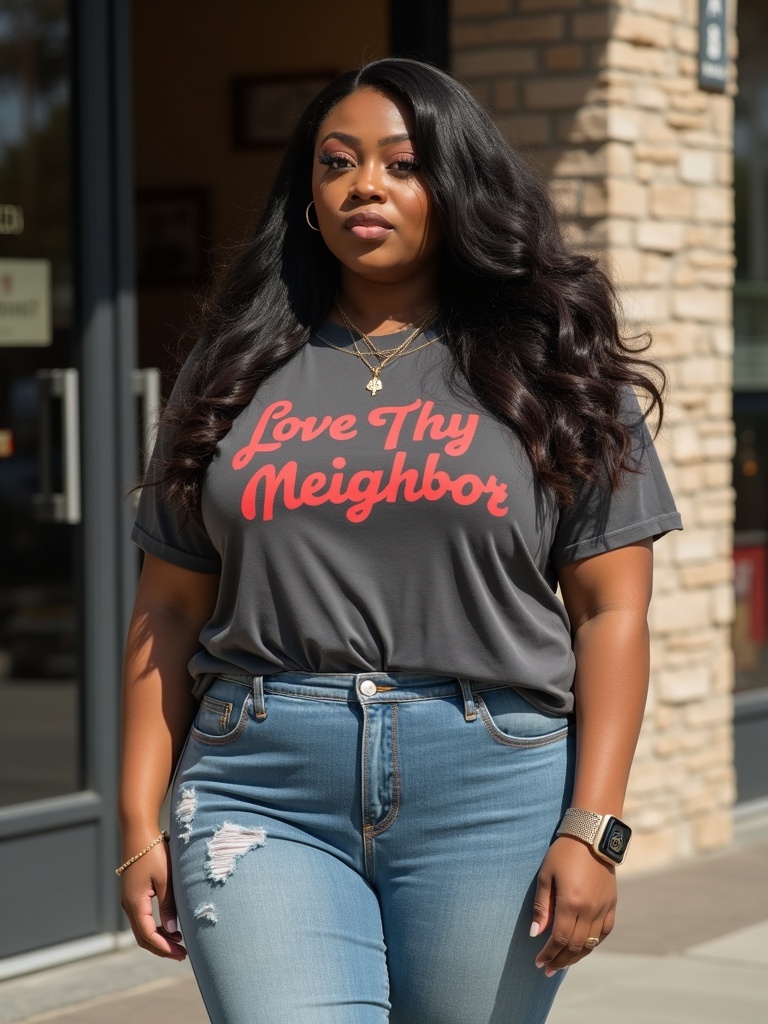 A confident plus-size woman wearing a faded dark gray t-shirt that says 'Love Thy Neighbor'. She has a long curly hairstyle styled back. Light wash bootcut jeans and Air Max sneakers complete her outfit. Set in front of a brick storefront, the scene captures her full body with good lighting.