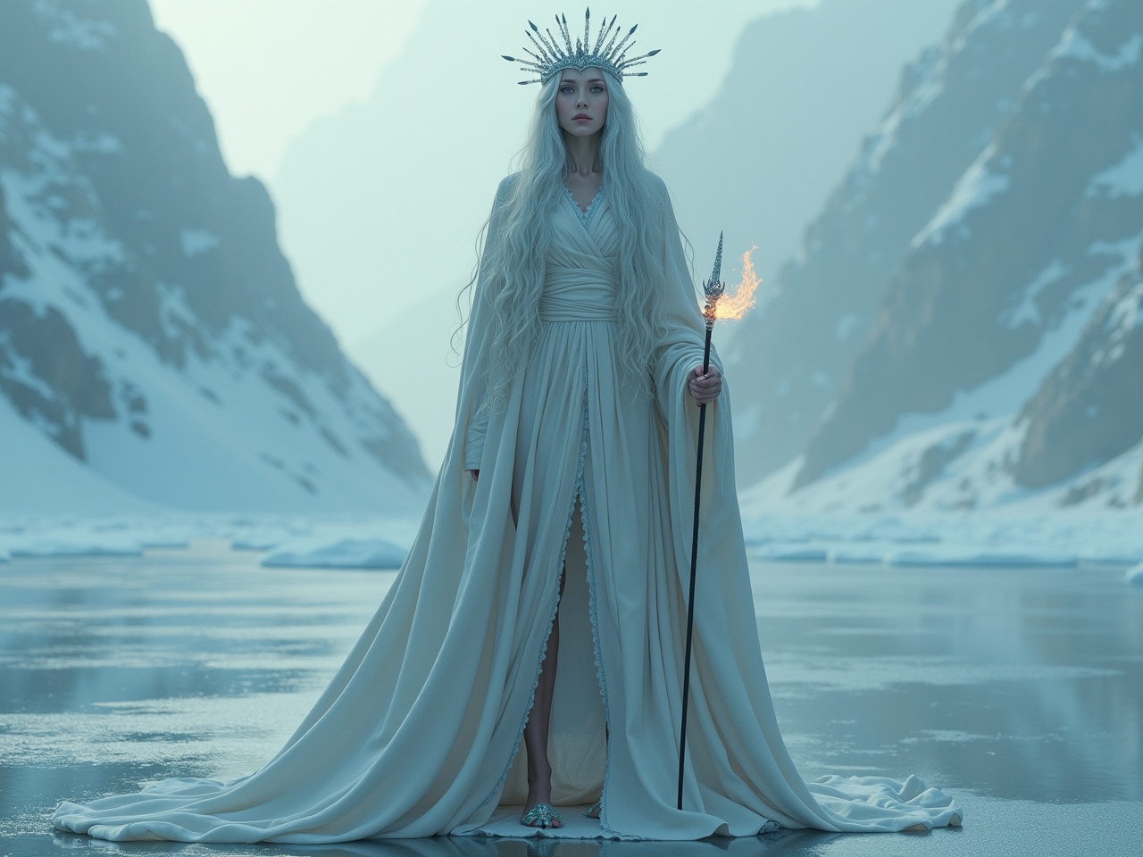 A stunning woman stands in a frozen landscape, draped in flowing, translucent curtains that cascade down around her. Her silver hair flows elegantly, adorned with a magnificent crown made of eleven-dimensional crystals. She holds a magic wand shaped like green eyes, creating an aura of mystery and magic. The soft lighting creates an ethereal glow, enhancing her presence in the icy realm. Wearing a gown that glimmers like ice, she embodies the essence of a winter goddess, exuding strength and elegance in this fantastical setting.