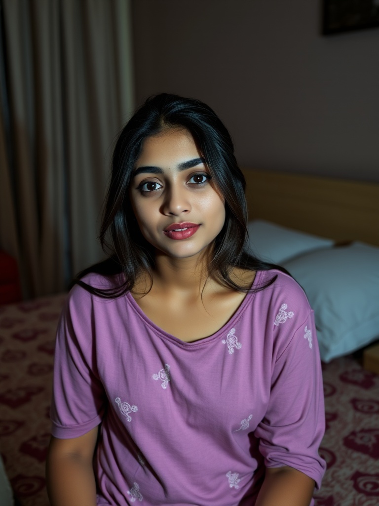 A young woman with long hair and expressive eyes wearing a purple top sits on a patterned bedspread.