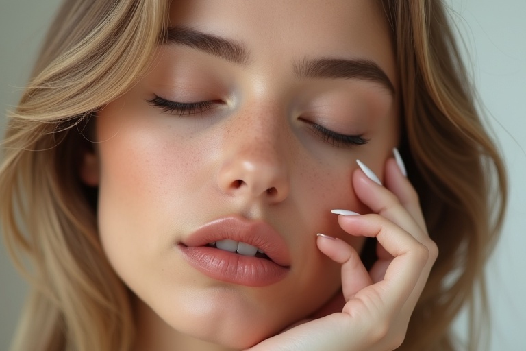 Highly detailed digital painting of young blond woman. Smooth flawless skin with closed eyes. Long eyelashes and natural eyebrows. Full soft lips. Hand gently touching closed eye corner. Neatly manicured nails. Hyper-realistic texture and soft glow. Blurred neutral background.