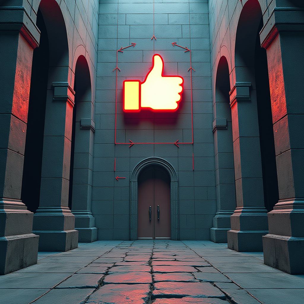 A digital thumbs-up sign glows red within an arched stone hallway, casting a warm light on the cool, textured walls and cracked stone floor.