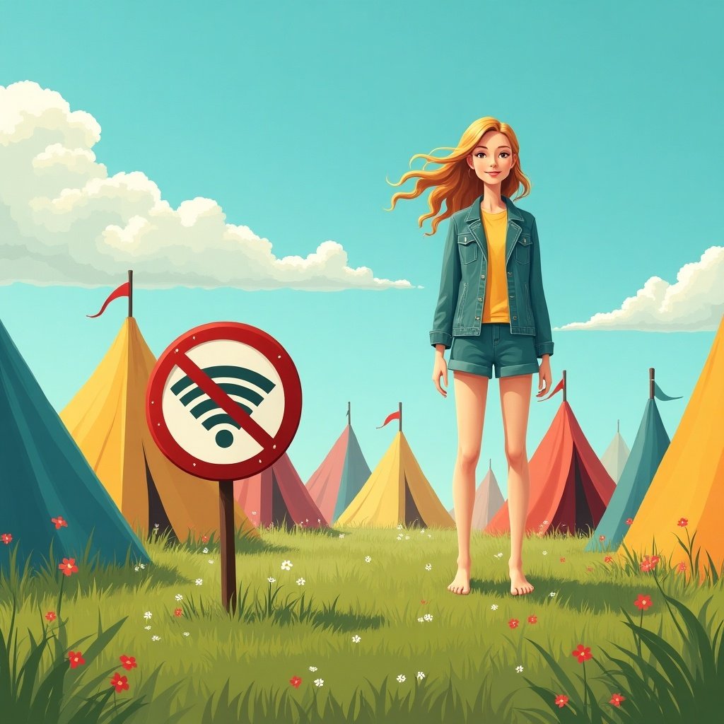 A no Wi-Fi sign placed in a grassy field surrounded by colorful tents. A figure stands barefoot in a sunny atmosphere. The scene promotes relaxation and a break from technology.