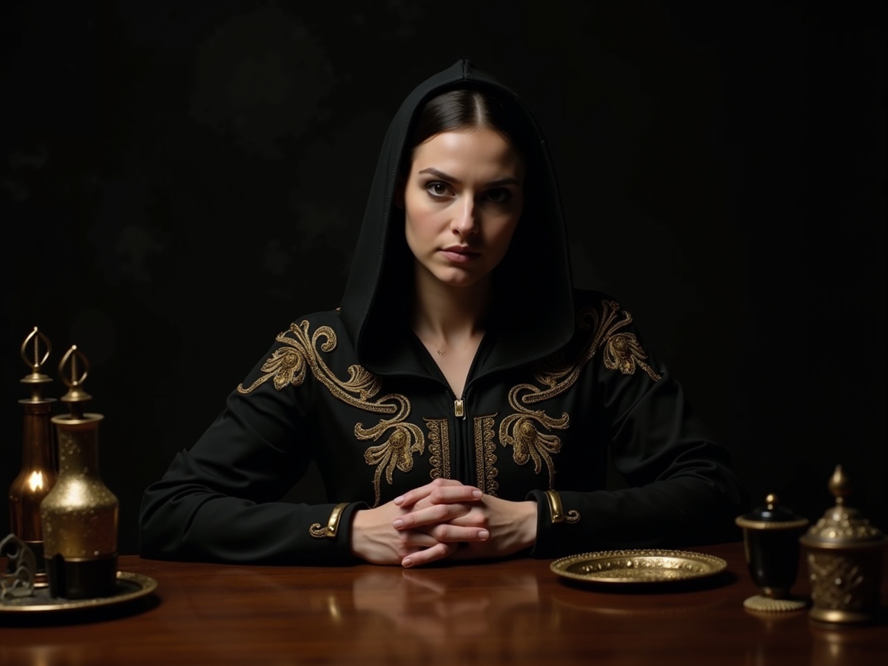 A woman sits at a wooden table in a medieval-inspired setting. She wears a black robe with gold embroidery and a hood. Her hands are clasped together, giving an air of contemplation. The scene is set against a dark background, creating a mysterious ambiance. Ornate bottles and a small tray are placed on the table, enhancing the vintage feel of the image. The lighting is low, adding to the mystique of the setting.