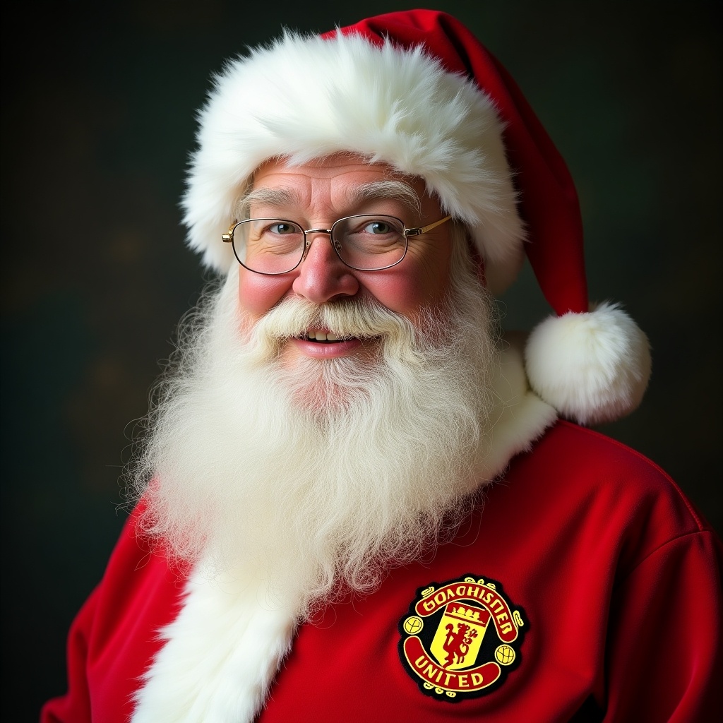 Vintage Santa dressed in a white shirt with Dundee United football badge. Soft, warm lighting with a festive atmosphere.