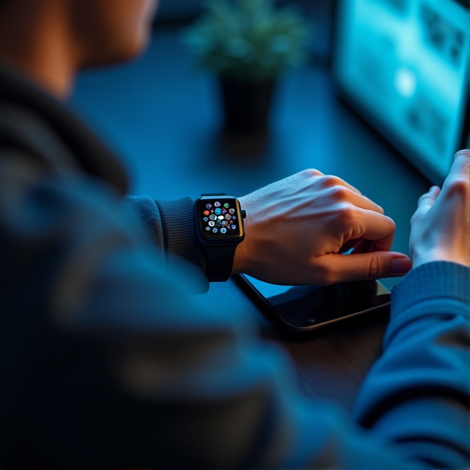 A person checks their smartwatch while sitting by a desk with a tablet and phone in dim light.