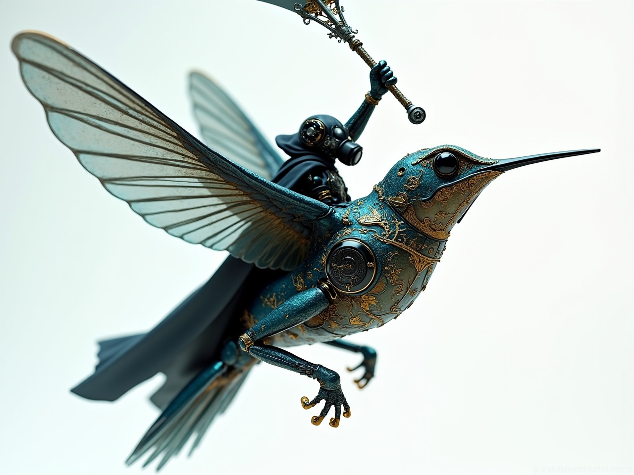 This image features a steampunk-style depiction of a mechanical hummingbird ridden by a small, armored figure. The bird has intricate metallic detailing, with gears and embellishments on its blue and gold body. The rider wields a staff-like object, suggesting a sense of adventure and fantasy. The background is a light, uniform color, emphasizing the subject's intricate design.