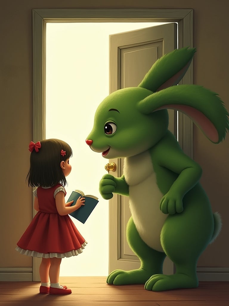 A young girl in a red dress stands in a doorway holding an open book. The girl looks up at a large green rabbit that stands on two legs.