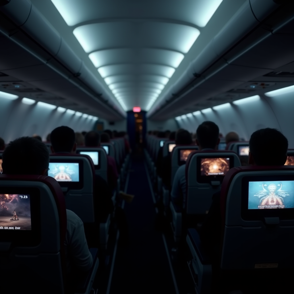 Passengers sit in an airplane cabin, each watching personal screens embedded in the seats ahead under soft blue lighting.