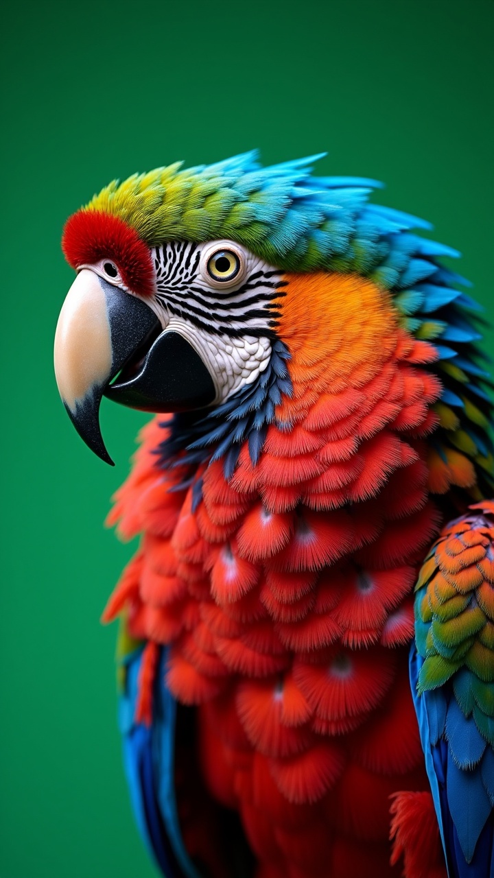 The image features a beautifully detailed parrot with a vivid array of colorful feathers. The parrot's plumage includes rich reds, bright blues, and vibrant greens against a contrasting plain green background. The intricate details of the feathers and the realistic depiction of textures make the parrot appear lifelike and captivating.