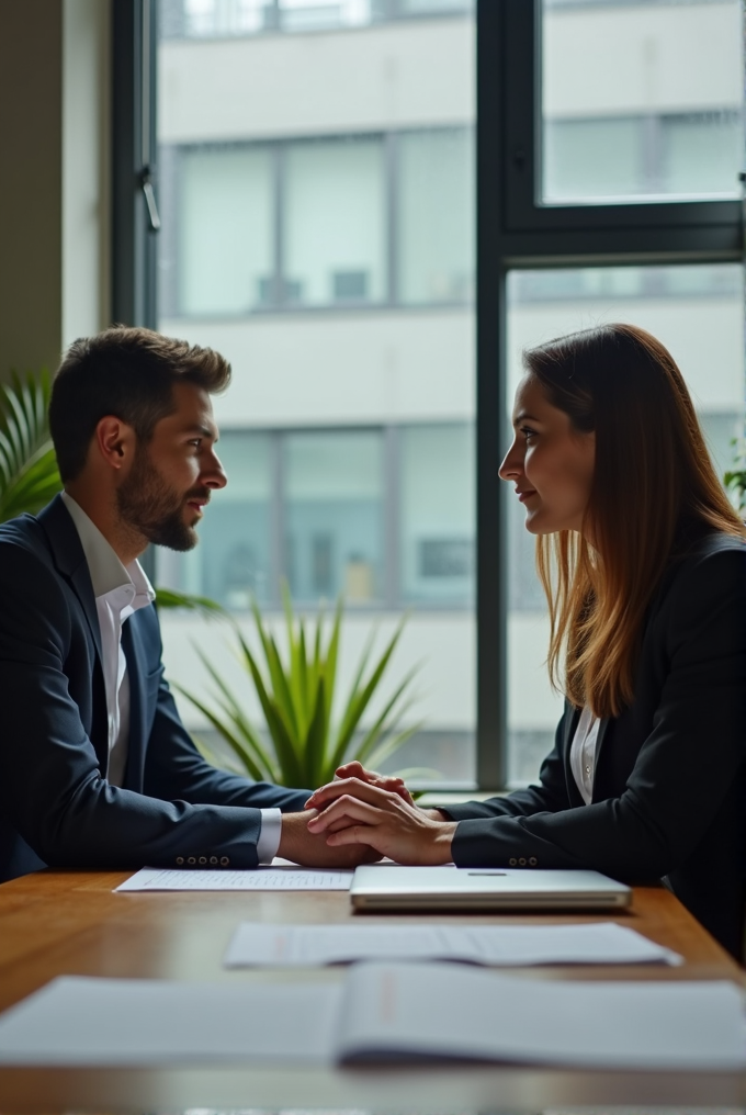 Two business professionals sit across a table holding hands, suggesting a moment of agreement or support.