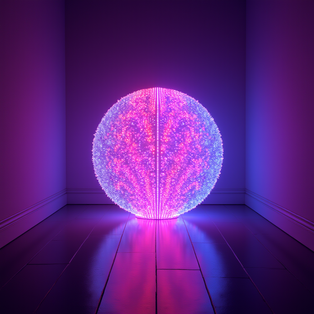 A glowing, ethereal sphere radiating colorful light against a wall, casting vibrant reflections.