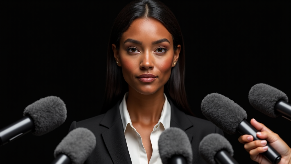 A confident woman in formal attire stands in front of multiple microphones, suggesting a press conference or interview setting.