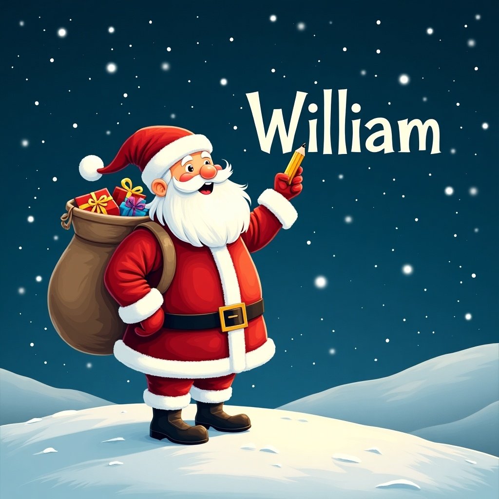 Santa Claus stands on a snowy hill under a starry night. He is writing names in the sky with a pencil. He is dressed in red and white. A large sack of gifts is on his back. The name William is displayed in a whimsical font.