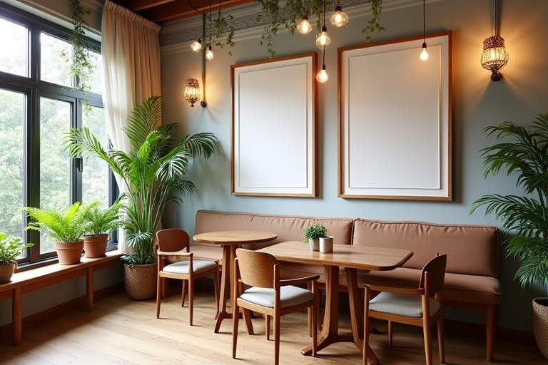 An inviting café interior with large windows. Bright natural light fills the space. Two empty wall frames are present. Green plants and decorative items create a serene ambiance. Modern wooden chairs and tables enhance the chic look. Ideal for relaxing or informal meetings.