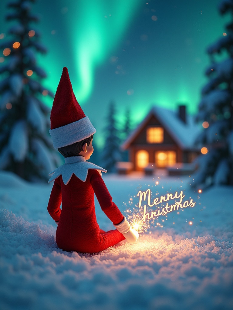 An elf on the shelf sits with its back to the viewer. The elf gazes skyward while holding a glowing wand. Charming Christmas scene with northern lights. Cozy house in the distance. Snow covers the ground. Elf embodies magic and wonder of Christmas. The words ‘Merry Christmas Milan, Rodrigo, Angellee and Delilah’ appear in the air.