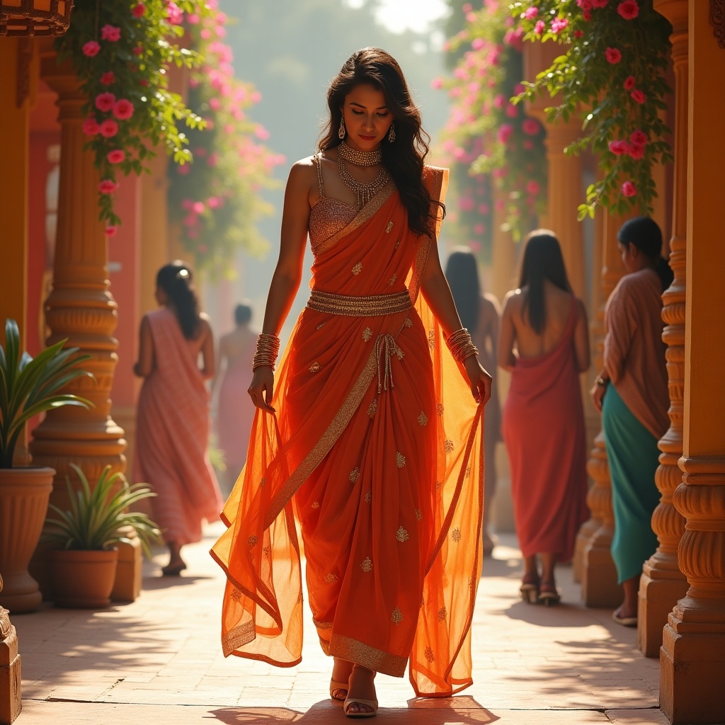 A stunning young woman in an elegant orange sari walks through a beautifully adorned pathway lined with vibrant flowers. She carries herself with grace and confidence, embodying the essence of traditional Indian beauty. The soft sunlight highlights the intricate details of her attire, creating an enchanting atmosphere. In the background, other women elegantly draped in colorful saris add to the cultural richness of the scene. This image captures the harmonious blend of tradition and modern elegance, making it a perfect visual representation of Indian heritage.