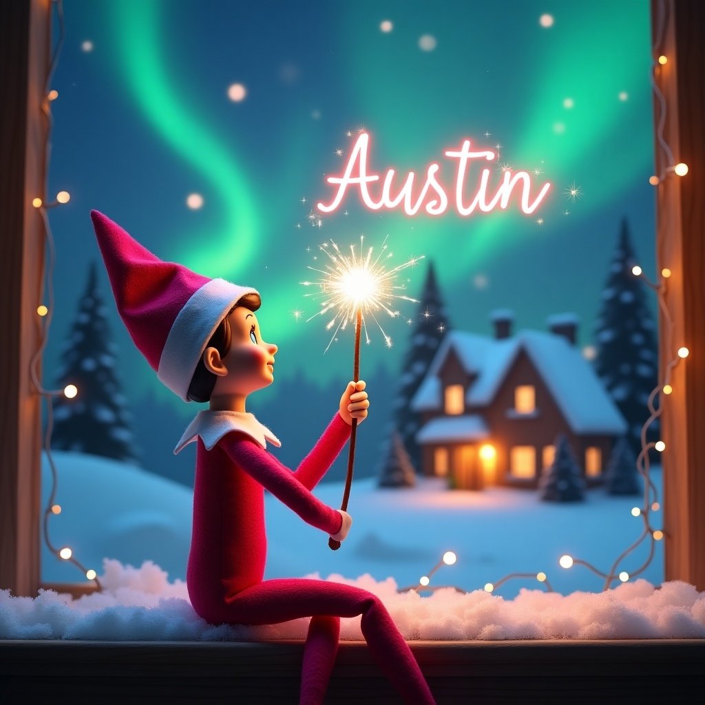 A pink elf gazes skyward while holding a glowing wand. The background features a Christmas scene with colorful northern lights. A cozy house decorated for holidays appears in the distance. Snow blankets the ground, enhancing the winter feel. The elf embodies the magic of Christmas as the name 'Austin' sparkles in the air.