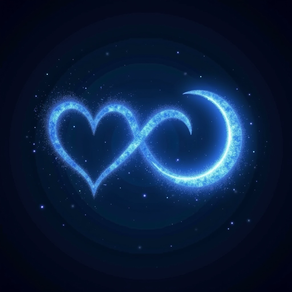 This image features a glowing blue infinity symbol created from digital particles. The design incorporates two hearts, representing eternal love, alongside a crescent moon tilted to the side. The overall appearance is vibrant and mystical, with a blue color palette that evokes a feeling of serenity. The elements combine to symbolize the concept of endless love and connection. Its abstract nature and luminous quality make it suitable for various artistic and romantic applications.