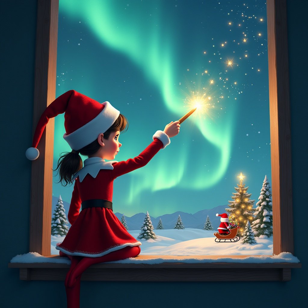 The image features a girl dressed as an elf sitting by a window, her back to the viewer. She is gazing up at the sky, joyfully using a wand to write the name 'Molly' among twinkling magical sparkles. The backdrop is a stunning winter landscape illuminated by the northern lights, with a Christmas tree nearby and Santa Claus on a sled in the distance. The atmosphere is festive and magical, capturing the essence of a whimsical holiday scene. This visual representation emphasizes the magic of Christmas and the joy of childhood fantasies.