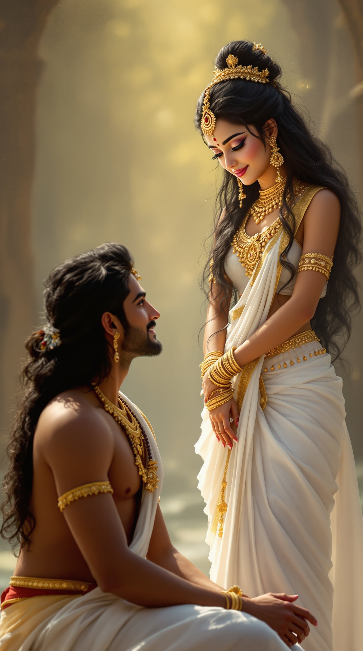 Urvashi stands before Arjuna. Long black hair cascading over shoulders. Large eyes filled with love. Captivating smile. Dressed in white saree with golden jewelry. Arjuna sitting calmly, folding hands, light smile, showing restraint.