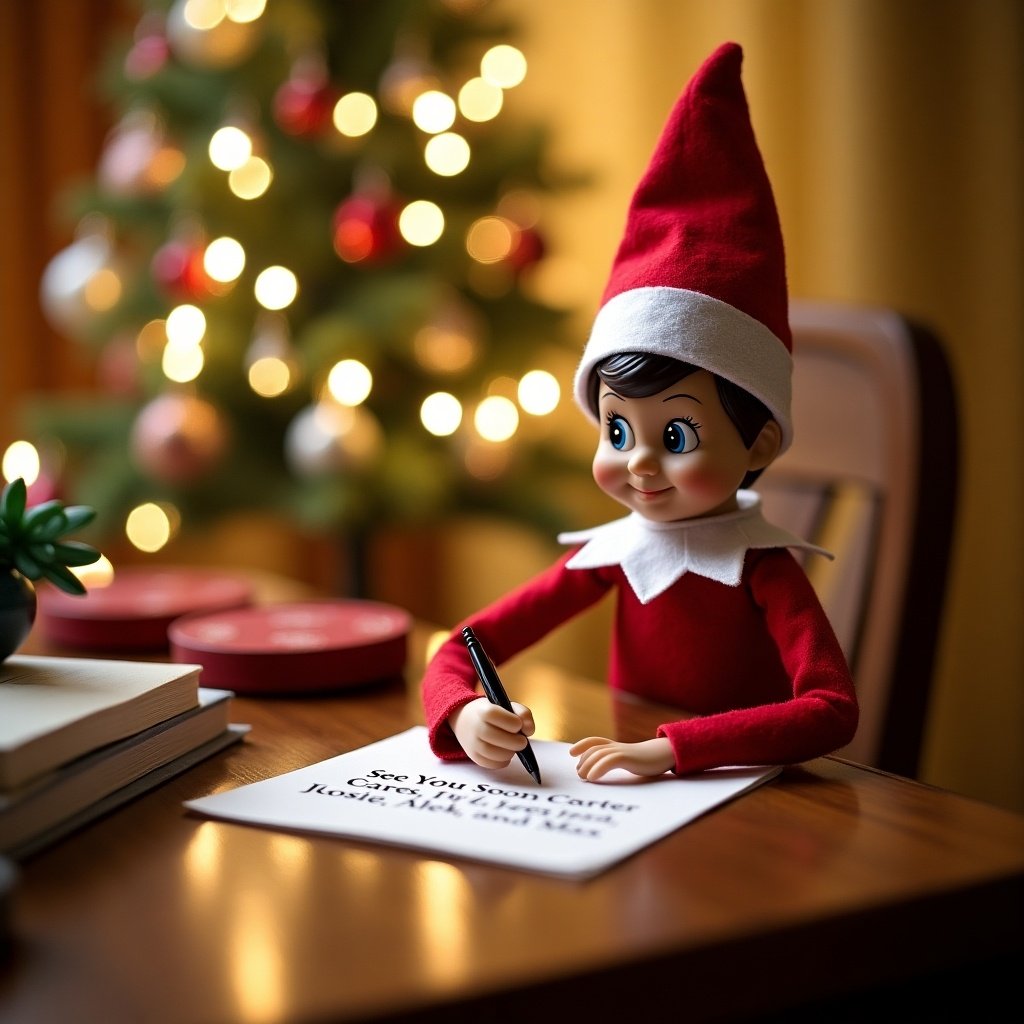 An Elf on the Shelf doll sits at a wooden table, dressed in a bright red outfit and a pointed hat. The elf is concentrated, carefully writing a note that says 'See You Soon Carter, Josie, Alek, and Max.' Behind it, a beautifully decorated Christmas tree with twinkling lights adds to the festive feel. The warm, soft lighting enhances the cozy atmosphere. Festive decorations are spread around, bringing an inviting charm to the scene. This delightful image perfectly captures the spirit of the holiday season.