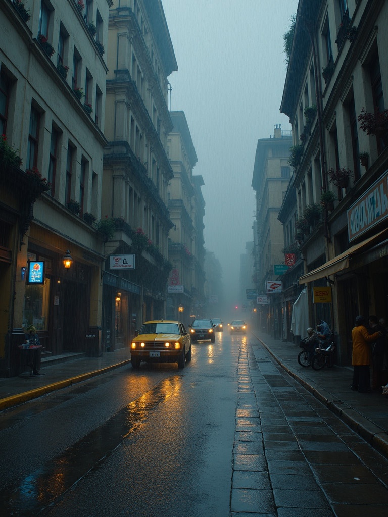 A rainy street scene in a foggy urban setting. The street is wet and reflects light. Buildings are visible on either side with small shops. A taxi is in the foreground and cyclists can be seen. The mood is moody and atmospheric.