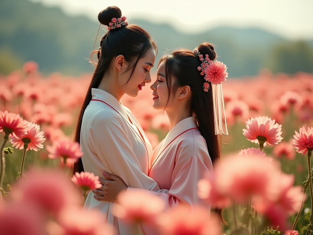 A pair of lovers stands in a beautiful field, surrounded by a sea of blooming chrysanthemums. They are wearing traditional Hanfu attire, which adds to the romantic and historical ambiance of the scene. The image captures a close-up view, enhancing the expressions and details of their garments. The scene is infused with movie-like color correction, giving it a cinematic quality. The realistic depiction immerses the viewer, making the atmosphere feel both vivid and enchanting.