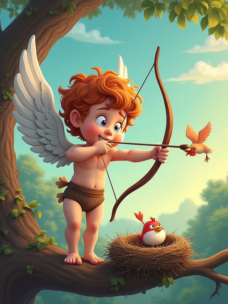 A cartoon cupid character with wings aims a bow and arrow. Cupid is shooting at a bird's nest. One bird is being shot. The scene is set in a sunny forest. The vibe is humorous and playful.