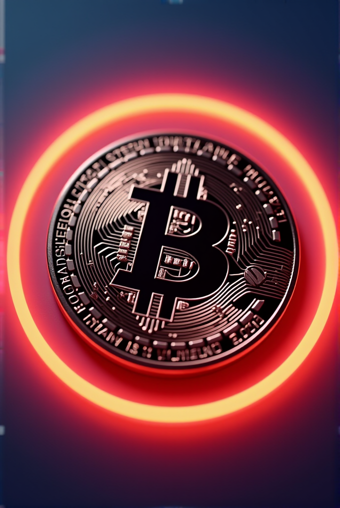 A Bitcoin symbol is surrounded by a glowing red neon circle on a blue background.