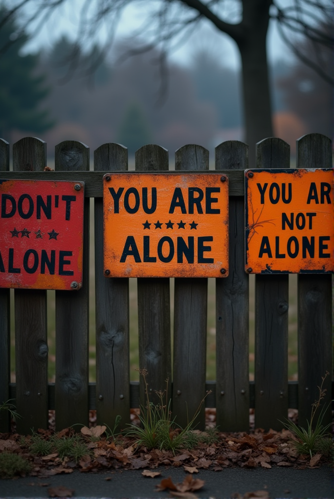 Three colorful signs on a wooden fence convey mixed messages in a park-like setting.