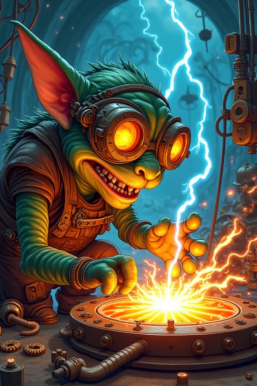 Low-angle shot shows goblin engineer with steam-powered goggles adjusting sparking tesla coil. Cluttered airship hangar features floating cogs and copper pipes. Arcs of electricity bounce between metallic surfaces. Bold comic-book outlines and anime cel-shading blend realistic textures with stylized lighting. Vibrant oranges and electric blues enhance depth with metallic reflections. Wild grin mid-experiment creates dynamic composition with energy waves radiating outward.