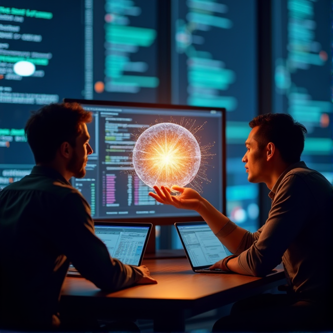 Two men at a workstation engage in a detailed discussion with computer code and a glowing digital sphere on screen.