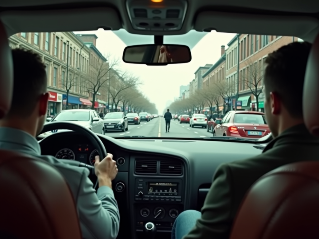 A view from inside a car showing a busy urban street lined with buildings and trees, with two people in the front seats.