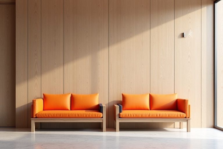 Photo captures a reception area featuring two benches with orange cushions. Tall light wood wall behind adds warmth. Bright atmosphere highlights minimalist design.