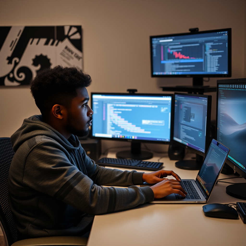 A person intensely working on a laptop surrounded by multiple monitors displaying code and graphical data.