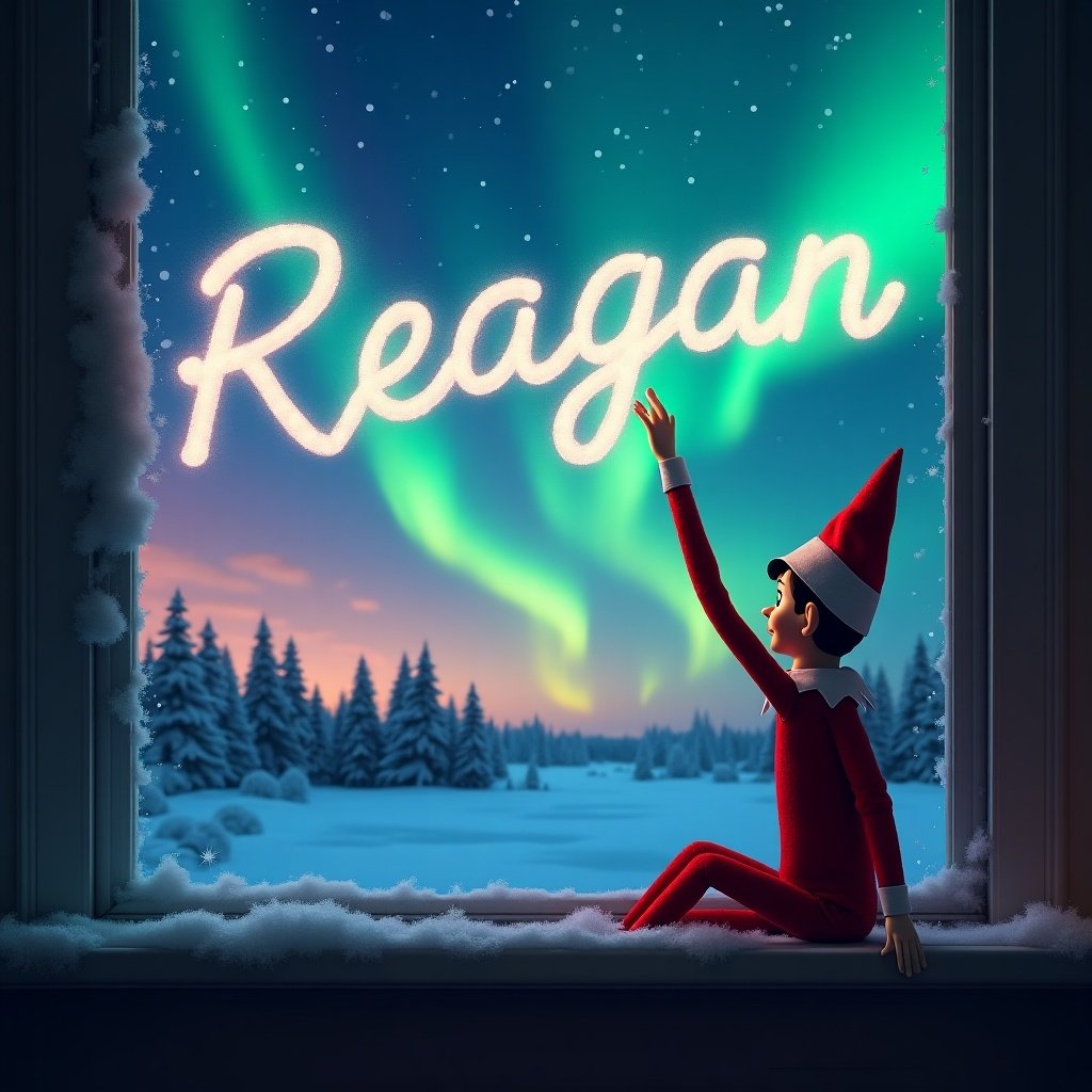 Scene of an elf character writing Reagan in the sky. Northern lights adorn the background. Snowy landscape outside the window. Cozy indoor setting.