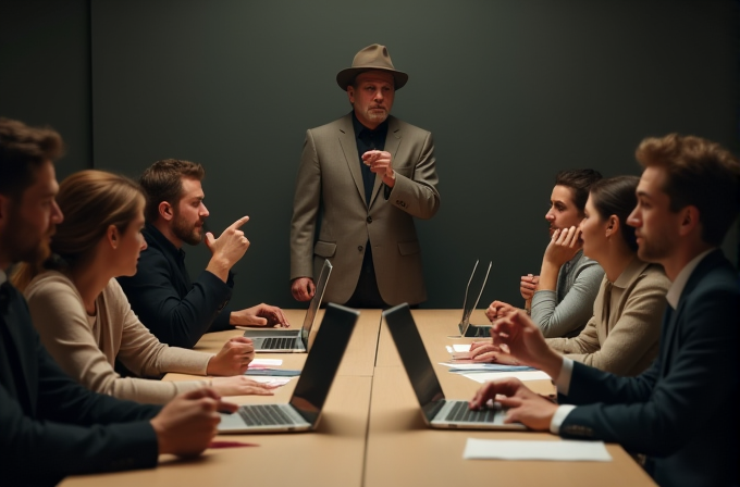 A group of people sit at a conference table with laptops, listening to a man wearing a hat and coat at the head of the table.