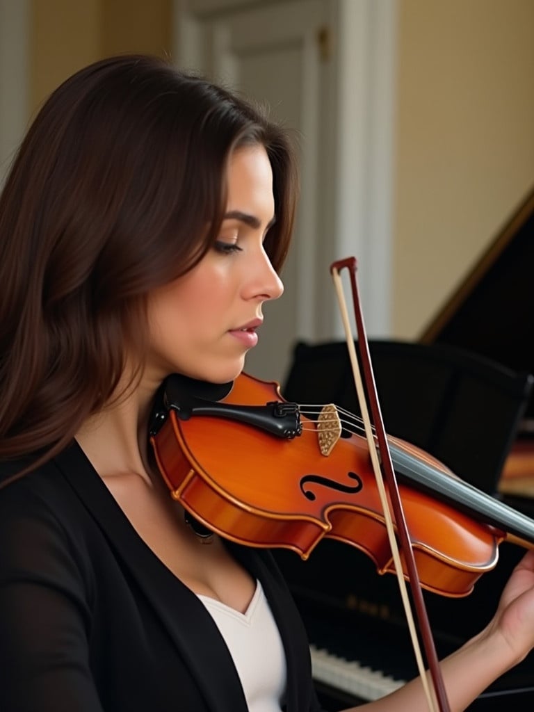 Close-up portrait of a woman playing the violin inside a music studio. A piano is visible in the background. The scene captures masterful technique and musical expression.