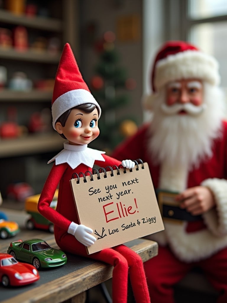 Elf in red outfit holds sign. Sign says 'See you next year Ellie! Love Santa and Ziggy'. Santa is beside Elf. Toy workshop in background. Toy cars on table.