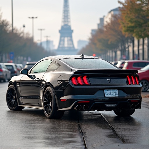 A black sports car parked on a wet street with the Eiffel Tower in the background. The setting includes vibrant autumn trees along the sidewalk and reflections on the pavement.