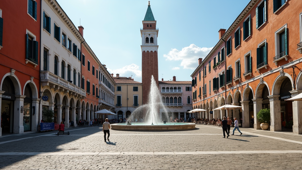 The image depicts a vibrant Italian piazza featuring surrounding colorful buildings, a central fountain, and a tall, tower-like structure in the background.