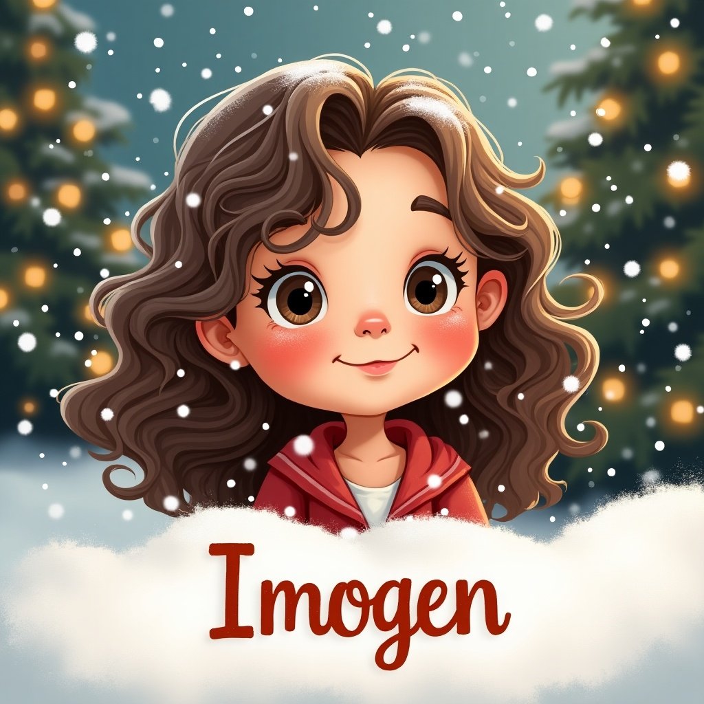 Cartoon character with curly brown hair in a festive Christmas environment. Character has cheerful expression. Name 'Imogen' displayed prominently in a cute font.