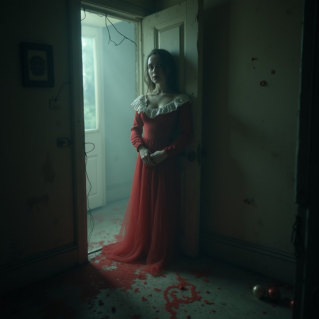 An eerie interior scene featuring a figure in a red dress standing in a doorway. The environment is dimly lit with a hint of natural light through the window. The floor appears stained, adding to the unsettling ambiance. A Christmas theme emerges through the subtle decorations, creating a stark contrast to the ominous feel.