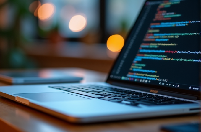 A laptop on a wooden desk displaying colorful lines of code, with a blurred background of warm lights and a phone beside it.