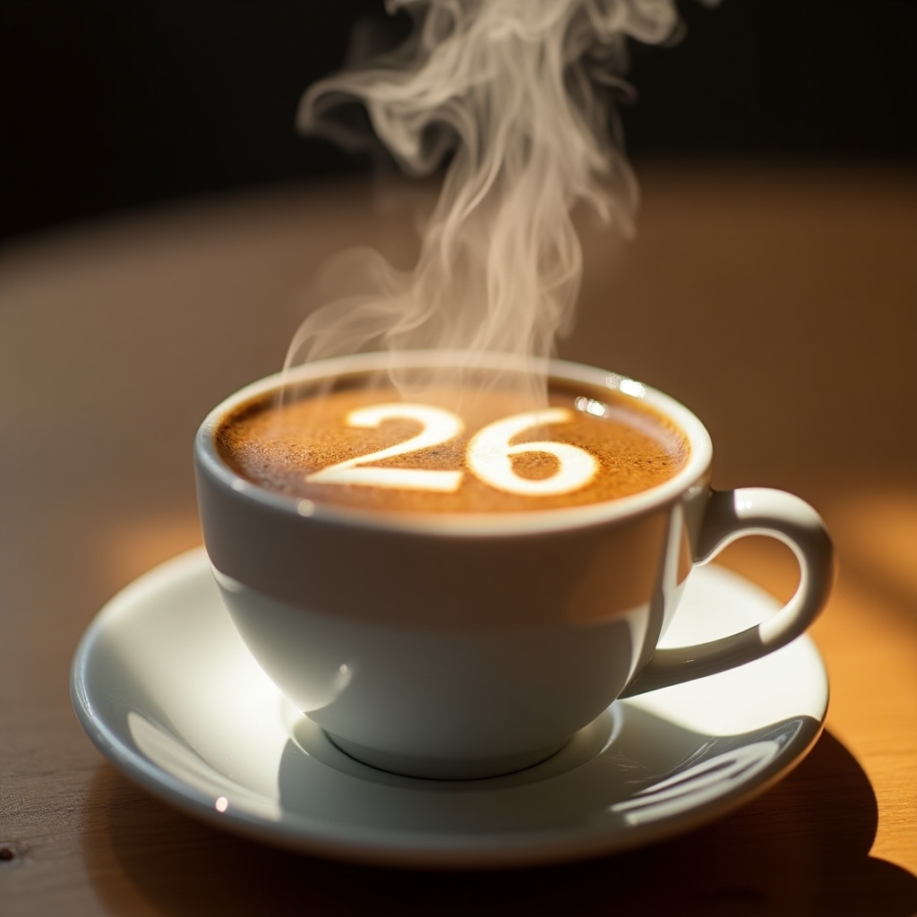 Close-up view of steaming cup of coffee on wooden table. White cup with saucer. Steam creates number 26, illuminated by warm light.