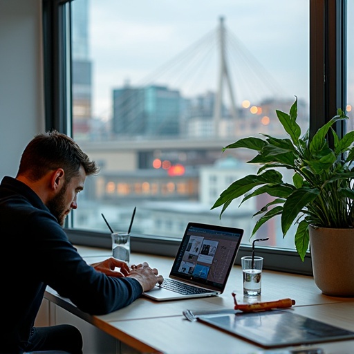 Man working on a laptop in a modern workspace beside a large window. A green plant is on the table with a view of a cityscape outside. Natural light illuminates the room.